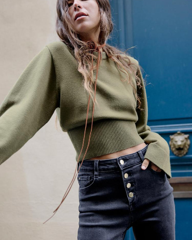 Cropped Knit Sweater with Wide Sleeves